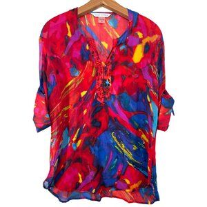 Peter Nygard Womens Top Sz M Red Sheer Roll-Tab Slv Artsy Art2Wear Modern Bold